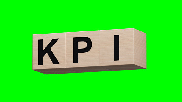 带有KPI文字的木块。金融，市场。木块特写，商业概念。3D渲染，绿色背景用于视频素材和剪辑路径。图片下载
