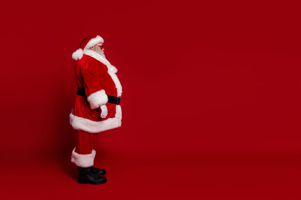 肥胖的祖父穿着圣诞帽和太阳镜的个人资料照片，背景为红色，空白空间。图片下载