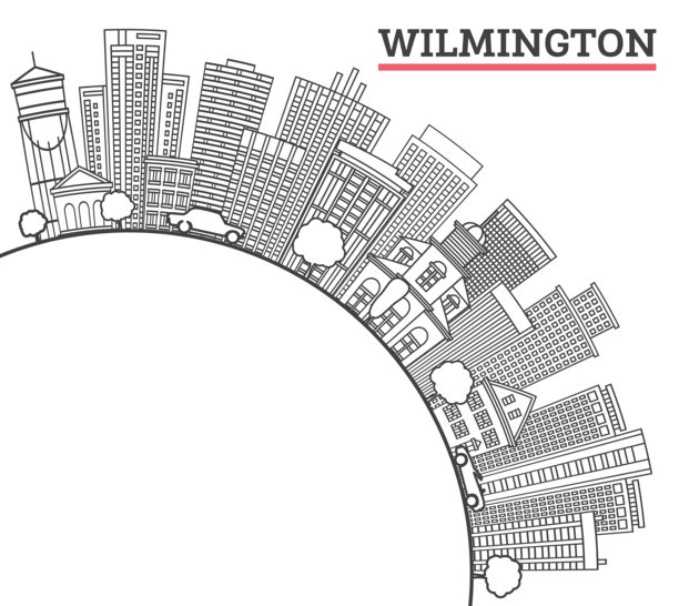 特拉华州威尔明顿市天际线轮廓，带有历史建筑，独立于白色背景。插图。威尔明顿市景与地标及空白空间。图片下载