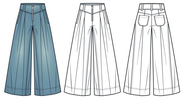 带褶皱和口袋的宽腿牛仔裤技术时尚插图。牛仔裤时尚平面技术图纸模板，完整长度，正面和背面视图，白色，复古蓝，男女通用CAD模型。图片下载