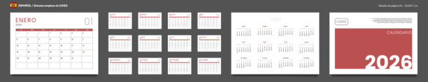 2026年西班牙语日历规划模板套件，包含每月页面、可放置照片和公司标志的封面，适用于2027年。墙面或桌面日历的矢量布局，周一为一周的开始。页面为A4尺寸。图片下载
