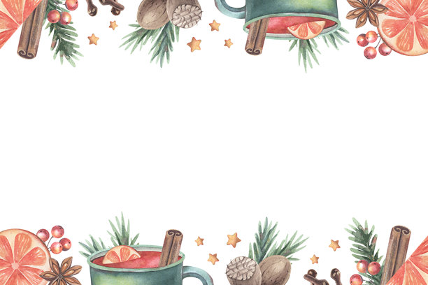 装饰有热红酒配料的框架：香料、橙片、浆果、星星。手绘水彩插图，独立于白色背景，适用于节日贺卡、邀请函、菜单、海报、印刷品和季节性装饰。图片下载