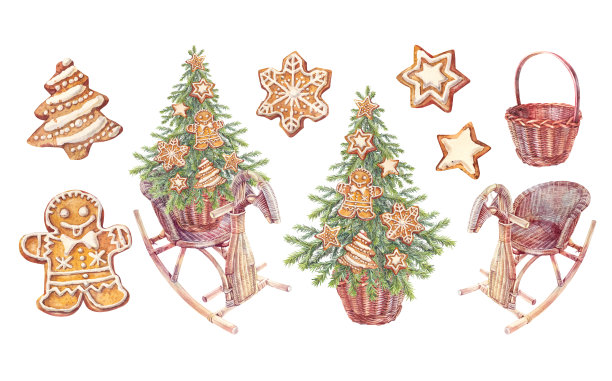 水彩画套装，包含圣诞树和姜饼，放在藤制摇马上，适合儿童，背景为白色。新年房间的玩具动物。适合庆祝的波西米亚风格室内装饰。壁纸插图。图片下载