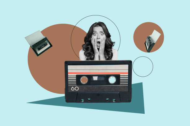 杂志横幅，满是快乐女孩和男孩的照片拼贴，听着音乐，复古卡带播放列表，庆祝假日，轻松旋律，放松心情。图片下载