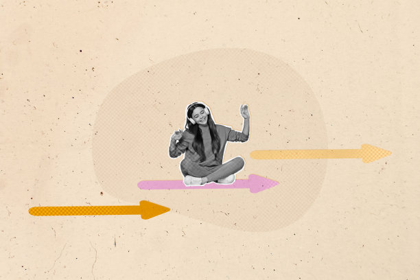 时尚艺术创意全彩杂志照片拼贴，快乐的女商人收到箭头升职，职业概念，目标成就机会图片下载