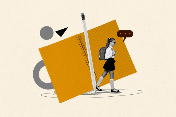 3D照片拼贴的复合素描设计，展示了翻开的笔记本、铅笔、年轻的女学生走路、对话气泡、知识、学习、课程、书呆子和学生。图片下载