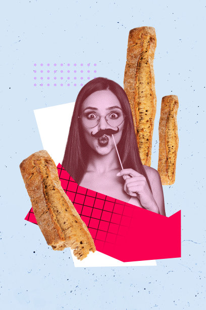 年轻女士手持面具、胡须、面包的3D照片拼贴设计艺术作品，营养、烹饪、厨房、餐厅主题。图片下载