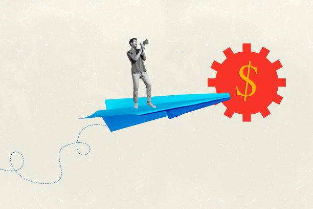 趋势艺术横幅草图 3D 照片拼贴，快乐的商人用扩音器大喊，飞翔的纸飞机，美元货币，收入奖金图片下载