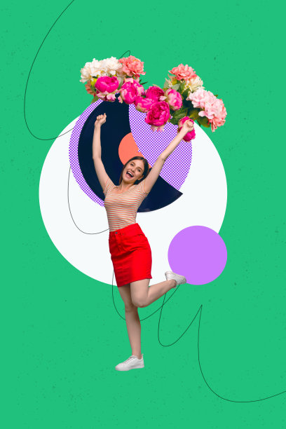 流行的时尚照片拼贴，快乐女孩在庆祝花朵盛开的生日派对上跳舞，复古的黑胶唱片问候牡丹花。图片下载