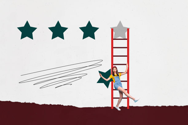 快乐的商人和商女人士站在箭头旁，展示发展、星级评价和最佳成就的创意照片拼贴艺术作品图片下载