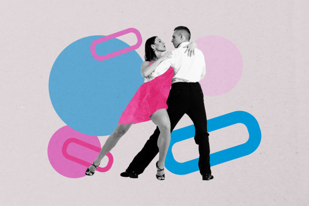 创意杂志风格的全景照片拼贴，展示快乐的情侣在周末派对庆祝活动中跳舞，享受轻松的时光。图片下载