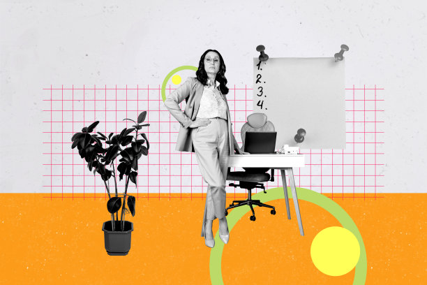 杂志横幅全景照片拼贴，快乐的女商人和男商人站在待办事项贴纸上，工作负载计划发展目标图片下载