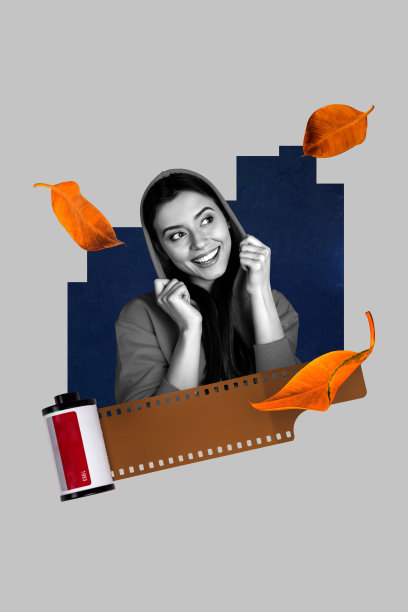 趋势模板草图设计 3D 照片拼贴，年轻女性微笑模特摆姿势，胶卷相机拍摄，季节性秋天气候，树叶。图片下载