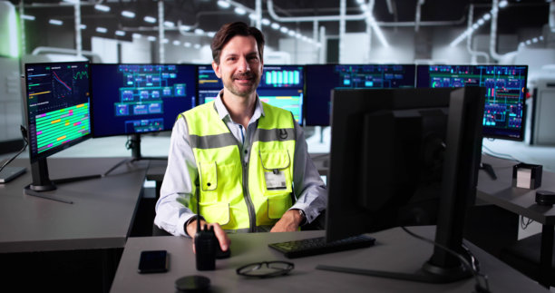 微笑的高级技术员在监控计算机屏幕图片下载