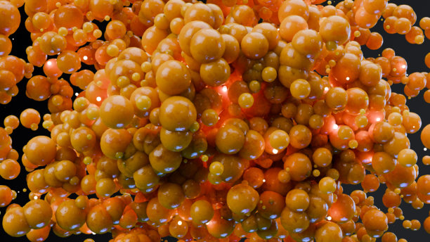 减肥。人类组织中的脂肪燃烧，脂肪结缔组织，显微镜下的脂肪细胞，黑色背景下的脂肪细胞，真实的3D渲染。图片下载