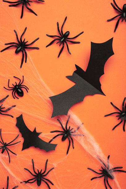 万圣节背景，橙色背景上有蜘蛛网和蜘蛛作为万圣节的象征。竖版照片图片下载