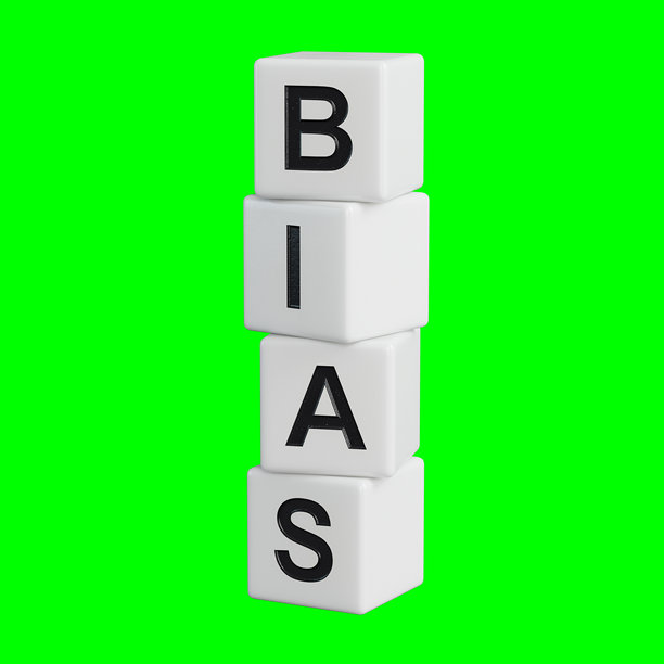 由木质元素构成的“偏见”字样。木质元素的特写，商业概念。3D渲染，适用于绿幕素材和剪辑路径。图片下载