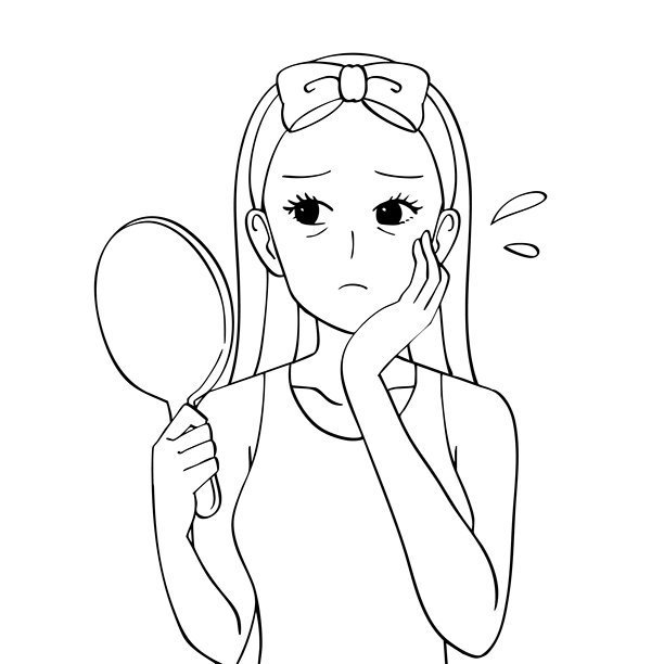 一幅黑白插图，描绘了一位女性在镜子前，担心眼角的皱纹。图片下载