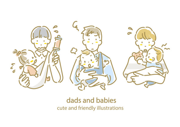 年轻父亲与婴儿的插画，手绘水彩风格，线条时尚，表现出困扰的情绪图片下载