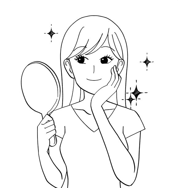 一幅黑白插图，描绘一位女性在镜子前欣赏自己完美的肌肤。图片下载