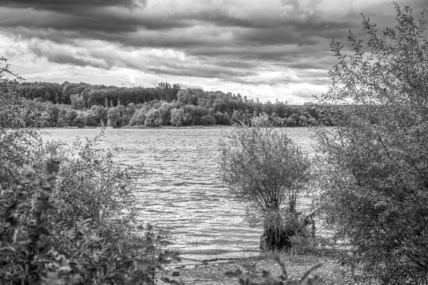 一幅宁静湖泊风景的黑白氛围照片。图片下载