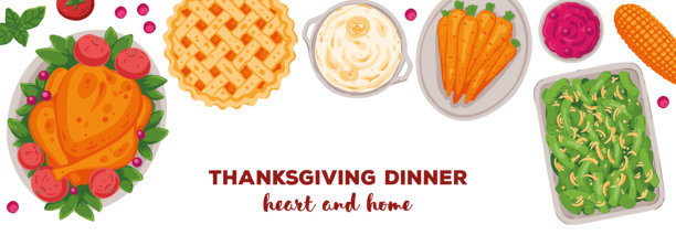 感恩节家庭晚餐。手绘平面风格。俯视视角的矢量插图。节日晚餐包括火鸡、土豆、苹果派、蔬菜和水果。秋季美食。图片下载
