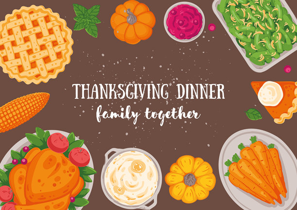 感恩节家庭晚餐。手绘平面风格。俯视视角的矢量插图。节日晚餐包括火鸡、土豆、苹果派、蔬菜和水果。秋季美食。图片下载