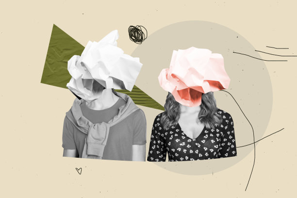 时尚概念的趋势艺术横幅，3D照片拼贴，情侣男友女友摆姿势，纸球垃圾贴花创意海报图片下载