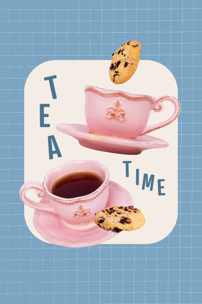 复古风格的茶歇艺术横幅草图，照片拼贴，展示厨房用具、热饮、休息时光、风味、饼干和巧克力。图片下载