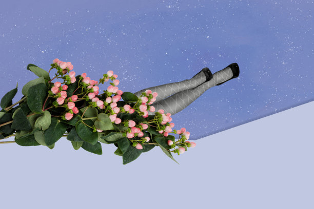 杂志横幅艺术，完整的照片拼贴，匿名女孩和无身体的男人躺在灌木丛中，腿部探出，夏季春季温暖天气散步。图片下载