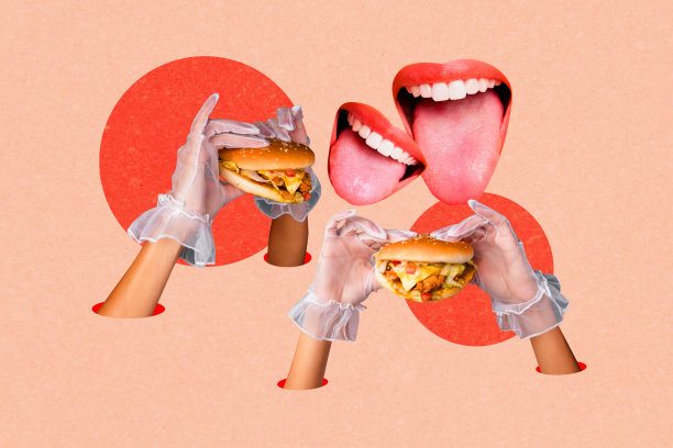 趋势全景艺术作品 3D 照片拼贴，手戴手套握住汉堡，快餐营养，嘴巴咬一口垃圾食品，餐厅点餐。图片下载