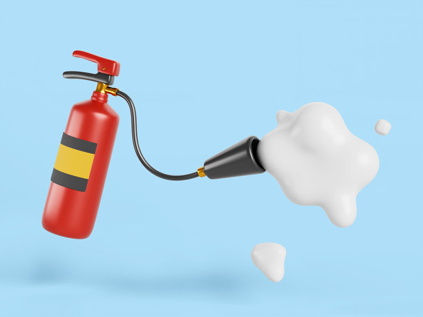 3D化学泡沫灭火器，喷洒液体灭火剂，紧急协助扑灭火焰。红色消防员便携设备模型，卡通渲染图标。图片下载
