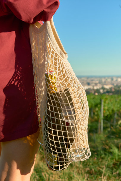 在阳光明媚的葡萄园里，女人手持复古网袋的竖拍照片图片下载