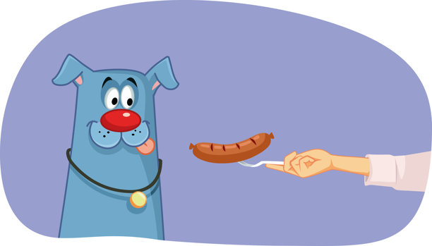 宠物主人向他的狗提供香肠的矢量卡通插图图片下载