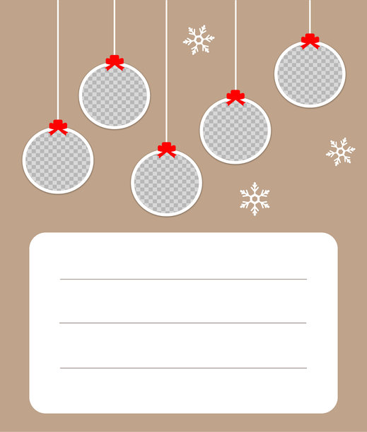 圣诞照片卡片拼贴。带有5个悬挂圣诞球照片框和雪花的模板。带有文本位置的明信片 矢量假日模型，拼贴，卡片，海报，背景。EPS10。图片下载
