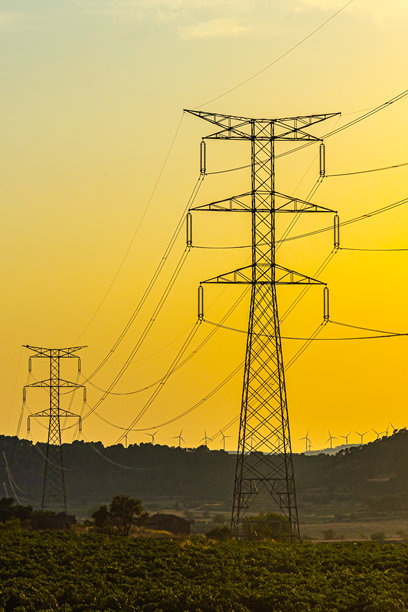 黑色电力输送塔的剪影，电线在日落时分横跨天空。竖版照片图片下载