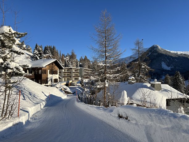 瑞士格劳宾登州达沃斯的冬季氛围中的瑞士阿尔卑斯度假屋、山地别墅和度假公寓图片下载