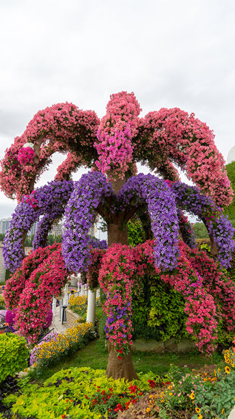 迪拜奇迹花园中由粉色和紫色矮牵牛花制成的棕榈树形状的装饰花盆。竖版图片图片下载