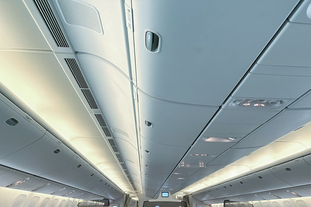 现代飞机客舱内部，头顶面板上有安全带和呼叫按钮、阅读灯、呼叫按钮和空调出风口，飞行体验，空中旅行，舒适的旅行，航空业图片下载