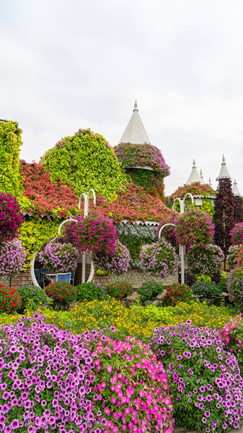 迪拜奇迹花园中装饰性的房屋和悬挂的活泼粉红色和红色矮牵牛花组合。竖版图片图片下载