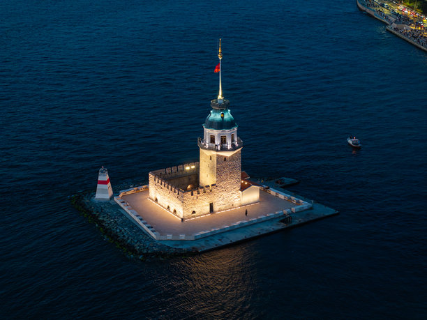 翻新后的新处女塔与经典的伊斯坦布尔博斯普鲁斯海峡无人机照片，乌斯屈达尔，土耳其图片下载