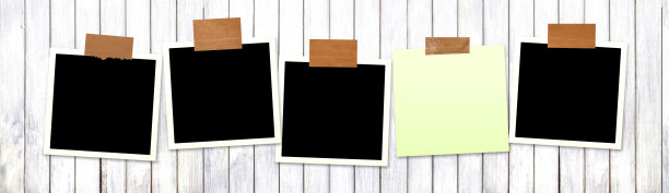 木质墙上的四格照片，带有胶带条纹。用于剪贴簿的照片集网格的横幅。复古风格的 mood board 布局。留有复制文字和照片的空间。图片下载