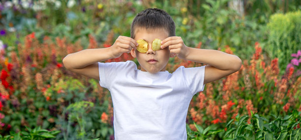 男孩从包装袋里吃薯片。不健康食品概念图片下载
