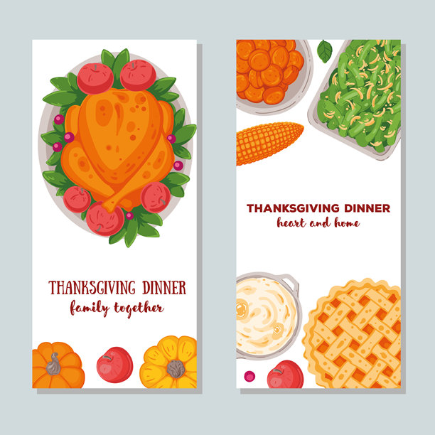 感恩节家庭晚餐。横幅套装。手绘平面风格。矢量插图。丰盛的晚餐包括火鸡、土豆、苹果派、蔬菜和水果。秋季美食。图片下载