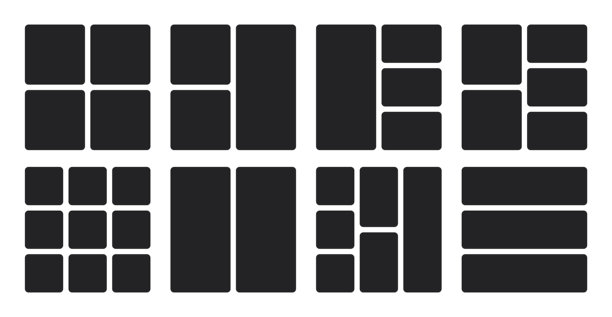 黑色模块化便当格子背景。混合框架尺寸，容器，块状模板布局图案。用于照片拼贴展示的矢量设计。数字画廊应用。图片下载