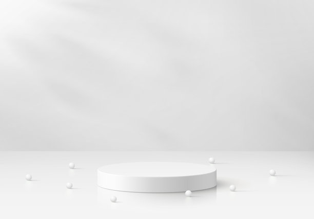 白色3D圆柱形讲台背景，带有球体和空白空间。极简主义的模拟底座抽象展示产品展示，展示台。平台矢量几何设计。图片下载