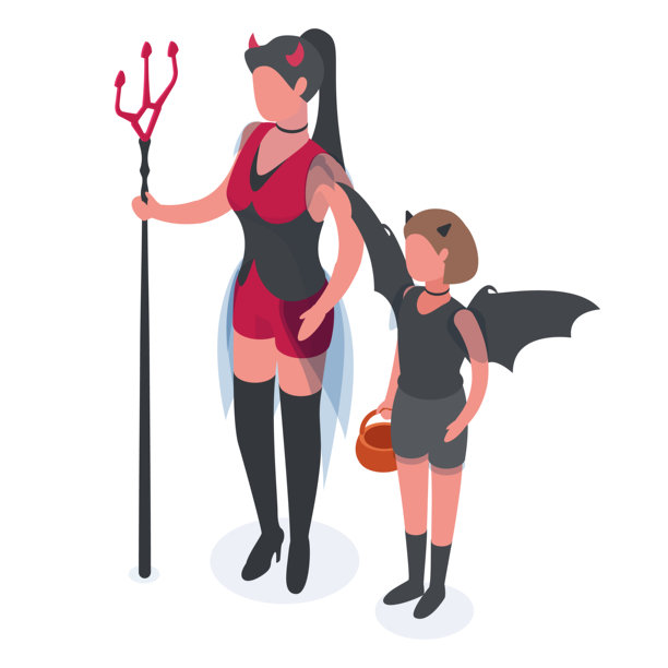 万圣节派对角色。等角视图的妈妈和女儿穿着可爱的嘉年华服装，进行“不给糖就捣蛋”的化妆舞会3D矢量插图。蝙蝠和女魔鬼的嘉年华服装。图片下载