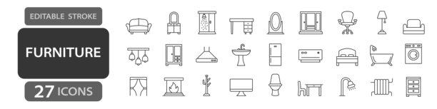 家具可编辑线条图标，包括沙发、扶手椅、床、衣柜、浴缸、灯、镜子、水槽、淋浴、洗衣机和壁炉图片下载