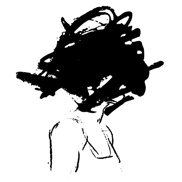 情感丰富的炭笔素描，描绘了一位眼睛被黑色污点遮住的痛苦女性图片下载