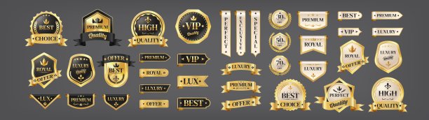 奢侈品牌。金色高端标签、横幅和丝带。最佳质量证书贴纸、金色产品徽章、优雅的复古盾牌。3D VIP 徽章、独家促销矢量套件。图片下载